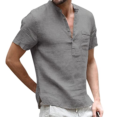 Remxi Mens Linen Shirt T-Shirt-Summer Simple Cotton Button Short Sleeve Grey 3XL