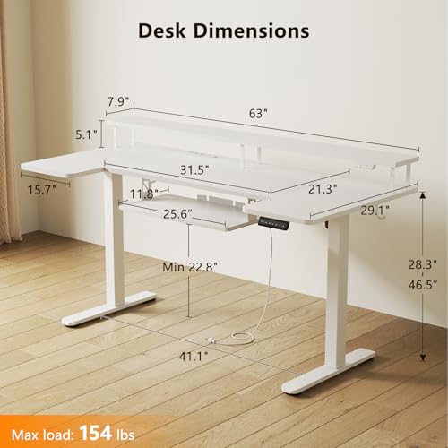 Image of OffiGo U Shaped Electric Standing Desk with Keyboard Tray, 63 Inch Height Adjustable Desk with Power Outlets & LED Lights, Sit Stand Table with Monitor Stand for Home, Office, White