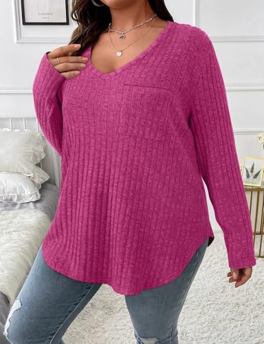 Image of Koscacy Women Plus Size Casual Knit Sweater with Pocket V Neck Solid Color Tops Lightweight Long Sleeve Blouses