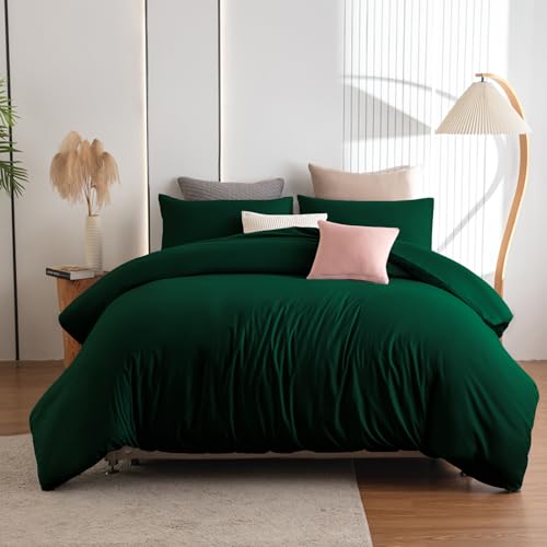 Soifox Double Duvet Cover Set - Dark Green Bedding Set Double Bed with Zipper Closure, Soft Non Iron Microfiber Duvet Cover with 2 Pillowcases