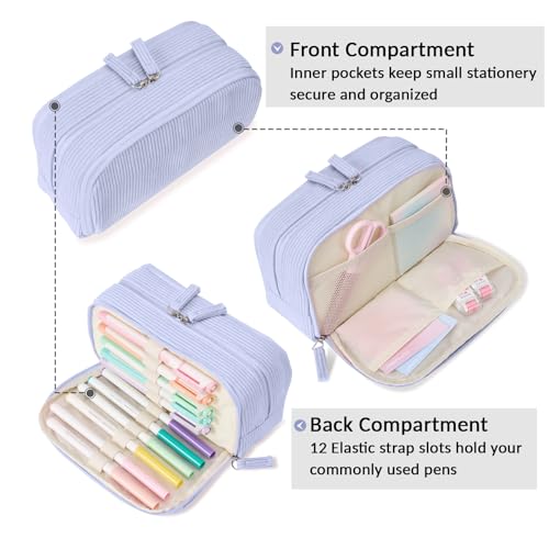 Image of Sooez Big Capacity Pencil Case Pen Pouch, Soft Corduroy Pencil Bag with 3 Compartment, Multiple Pockets, Sturdy Zipper, Cute School Supplies Pen Bag Organizer For Teen Girls College, Blue