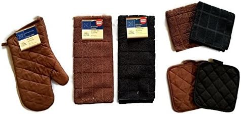 Kitchen Linens Set by Home Collection Featuring: 2 Kitchen Towels, 2 Pot Holders, 1 Oven Mitt, 2 Dishcloths (7 Piece Bundle, Solid Brown & Black)