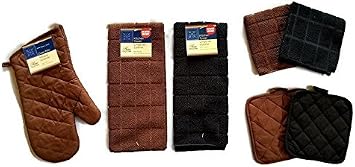 Kitchen Linens Set by Home Collection Featuring 2 Kitchen Towels, 2 Pot Holders, 1 Oven Mitt, 2 Dishcloths 7 Piece Bundle, Solid Brown & Black