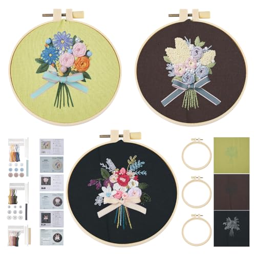 Image of Magibeads 3 Sets Bouquet Flowers Embroidery Kit Floral Embroidery Patterns Water Soluble Easy Cross Stitch Starter Kit Stick and Stitch Hobbies for Beginners Adults Sewing Gifts