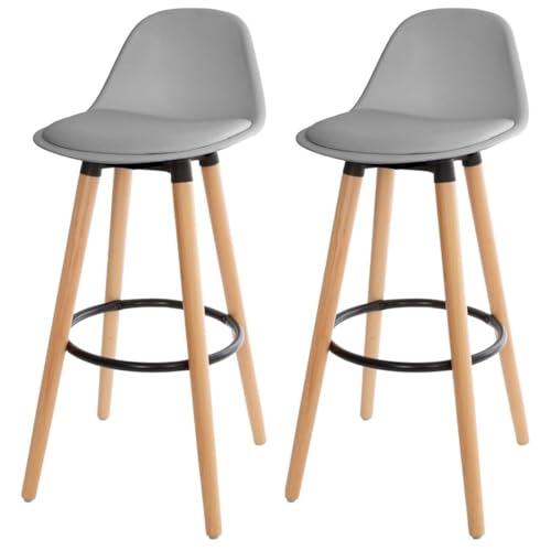 Acomoda Textil – Juego de 2 Taburetes de Bar para Cocina, Salón, Comedor y Restaurante. Silla Alta, Acolchada y Cómoda con Respaldo y Reposapiés 40,5x38x91,5 cm. (Gris)