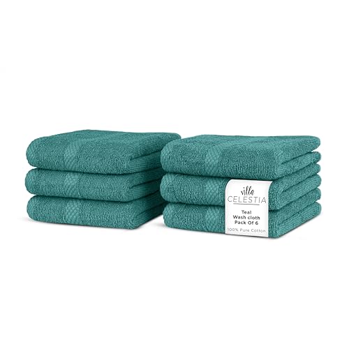 Image of Villa Celestia Cotton Washcloths Set of 6, 12x12 Inch, 100% Ring-Spun Combed Cotton, Soft Absorbent Quick-Dry Wash Cloths for Face and Body, Oeko-TEX Certified, Hotel & Spa Quality, Teal