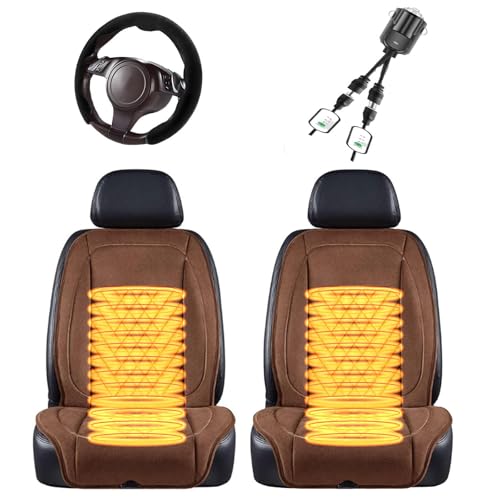 車 シートヒーター, 12V/24V、【10S急速加熱】, 車 シートヒーター, 雪かきスコップが付属, シートカバー, 冬のドライバーの友人への最高の贈り物,茶色-ツーピースセット+ステアリングカバー