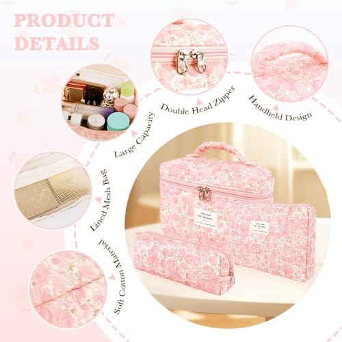 Image of Lyrovo Makeup Organizer Cosmetic Bag Quilted Large Floral Make Up Organize Set for Women Flower Travel Toiletry Bag (Flower-Pink)