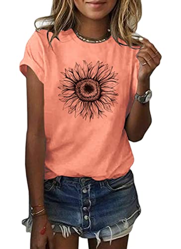Cicy Bell Women's Sunflower T Shirt Short Sleeve Shirts Summer Cute Graphic Tees Loose Cotton Tops Orange XL