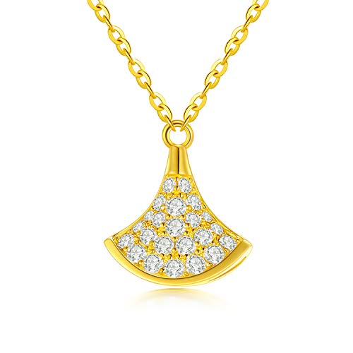 18K Solid Gold Skirt Necklace Jewelry Gift for Women, Yellow Real Gold Sector Full Diamond Pendant Anniversary Birthday Present for Wife, Girlfriend, Mom