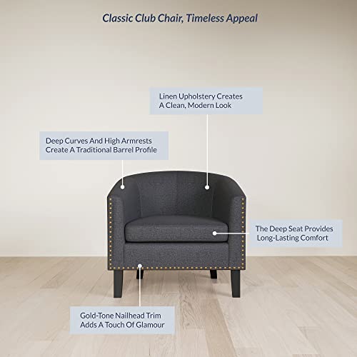 Image of BELLEZE Accent Barrel Chair, Modern Tub Club Chair Upholstered Armchair with Gold Nail Head Trim and Black Legs for Living Room Bedroom Apartment Lounge - Gray /Linen