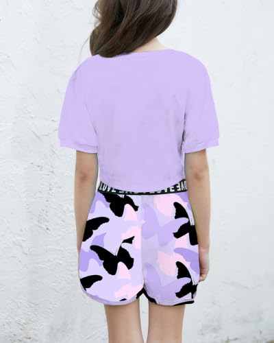 Image of Betusline Girls Summer 2 Piece Outfits,Kids Short Sleeve Crop Top & Shorts Set with Side Pockets
