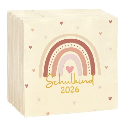 COMOOKA 40 Stück Servietten Einschulung Mädchen & Junge - Schulkind 2026 Servietten mit Boho-Regenbogen Design - Papierservietten zum Schulanfang - Tischdeko für Einschulung Schuleinführung Deko