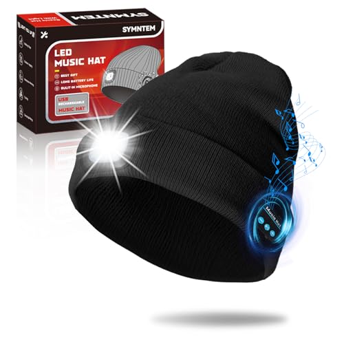 Gorro unisex recargable con música Bluetooth con luz, regalos de Navidad para hombres, adultos, adolescentes, papá, padre, marido, regalos geniales para mujeres, invierno, negro