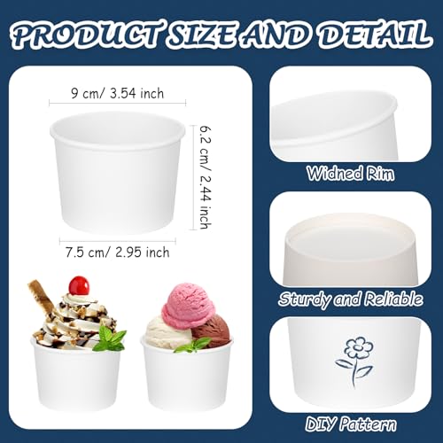 Image of Nuenen 100 Pcs 8 oz Summer Ice Cream Paper Cups Bulk Disposable Dessert Cups Solid Color Paper Dessert Bowls for Snack Sundae Spring Party Favors Ice Cream Bar Supplies (White)