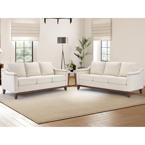 Image of Classic 3-Seater Sofa Set of 2 with Nailhead Trim, High-Density Foam Cushions & Sturdy Solid Wood Legs, Soft Fabric Couch for Living Room, Beige