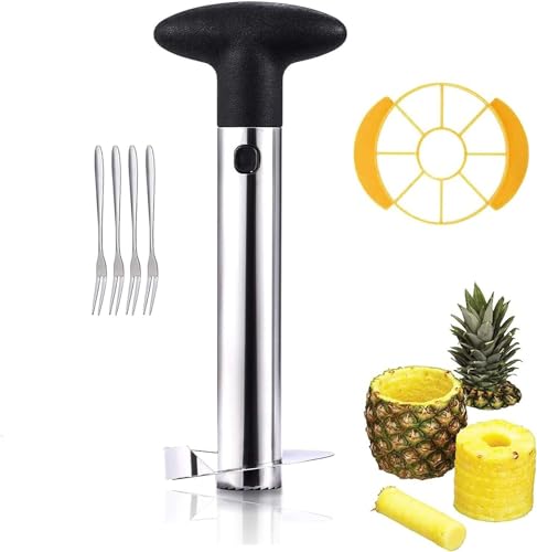 Cortador de acero inoxidable para piña con descorazonador y 4 tenedores de frutas, para cortar semillas, cáscara y rodajas de piña