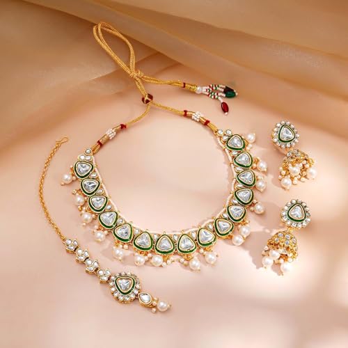 Image of Rubans Necklace Maangtikka Set Gold Plated Kundan & Pearl Jewellery Gift for Women & Girls
