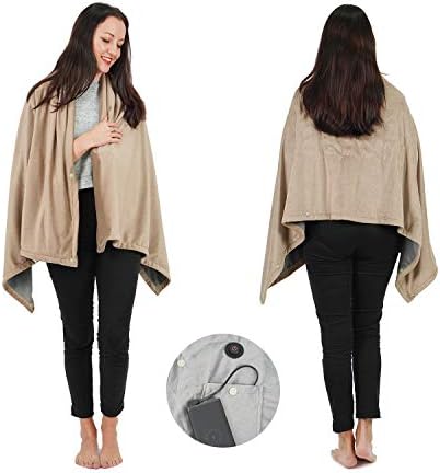 Wearable Electric Blanket, Portable Poncho Wrap, Cordless Rechargeable Heated Shawl Blanket, Super Soft & Warm Fleece, Home Office & Travel Use, (Regular Pink Blanket, Tan)