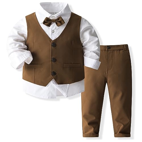 Image of Baby Boys Gentleman Formal Suit Set with Vest, Pant, Shirt, and Bow Tie, Weding 4Pcs Outfit