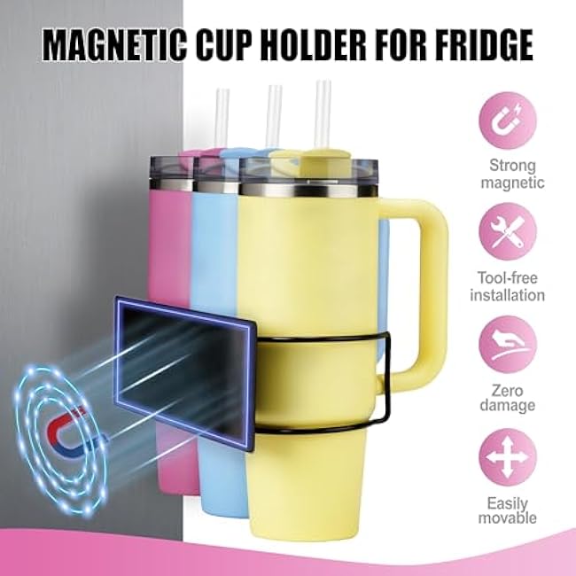 3 Pcs Magnetic Cup Holder for Fridge,2 Pcs Water Bottle Organizer Rack for Stanley 30&40 oz Tumblers with 1 pc Tumbler Lid Organizer,Stanley Cup Accessories for Kitchen