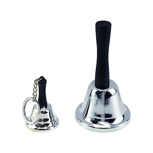 Meprotal 2pcs Hand Bell, Mini Call Bell with Keychain, Wedding Bells Dinner Bells for Inside Classroom Bell, Restaurant Service Call Bell (Silver)
