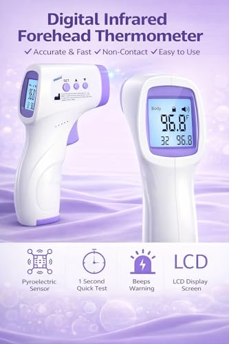 Thermomètre infrarouge à tête avant sans contact pour adultes & Les enfants, vite 1 Deuxième scanner numérique de température avec alarme de fièvre, mode Mute, rétroéclairé LCD Affichage & Rappel de mémoire