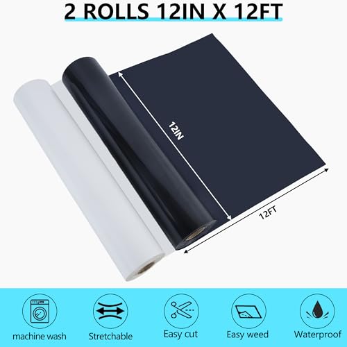 Image of HTVVETUR Iron on Vinyl 2 Rolls 12 inch x 12ft HTV Black and White Heat Transfer Vinyl for T-Shirt HTV Rolls for All Cutter Machine - Easy to Cut & Weed (Total 24ft, Black and White)