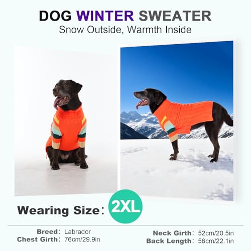 OUOBOB Hundepullover, Extra Weicher Kabelstrick Rollkragenpullover mit Bauchöffnung für Große Hunde wie Labrador oder Golden Retriever, Winterjacke, XL Orange