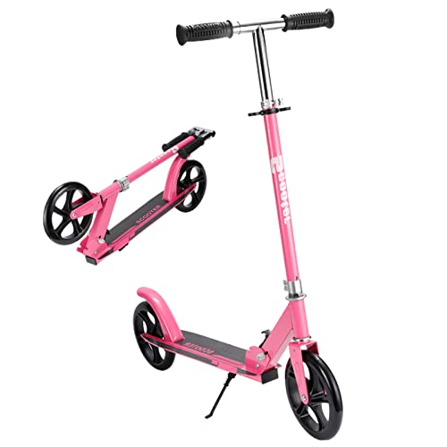 Bueuwe City Roller kinder 6 Jahre, big wheel Scooter Tretroller Erwachsene 150 kg tragkraft, Faltbar cityroller, kickboard mit rutschfeste Fußstütze, höhenverstellbar, ABEC 7, Rosa