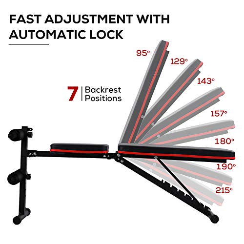 Weight Bench Adjustable, Workout Bench Press, Foldable Incline Decline Sit Up Exercise bench, Flat Strength Training Benches for Home Gym with Resistance Bands