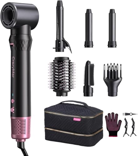 CrazyMar Spazzola Ad Aria Calda,7 in 1 Air Styler&Spazzola Asciugacapelli,110000 RPM Phon Capelli,Ferro Arricciacapelli,Piastra per Capelli,per lo Volumizzazione,Arricciatura e Lisciatura