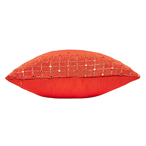 Image of Embroidered Cushion Covers 18x18 inches, Orange Cushion Cover, Kushan Pillow for Sofa, Mirror Work Cushion Cover, Sofa Cushion Pillow