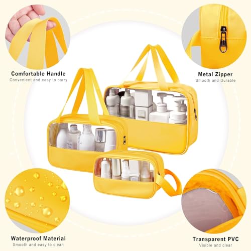 Image of KBS Toiletry Kit Cosmetic Makeup Storage Organizer Clear Styilish Wash Bag Pouch Set of 3 for Travel Luggage Transparent with Metal Zipper Gift for Men Women Girls (Yellow)