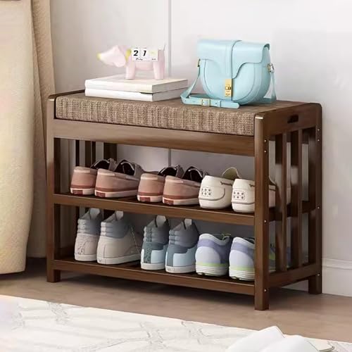 Rangement à 3 niveaux en bois massif pour banc à chaussures marron