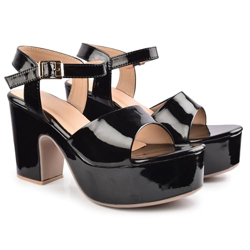 Image of Women's Platform Heels Signora101|Chunky Flared High Heel Sandals |Glossy Open Toe with Ankle Strap Signora101