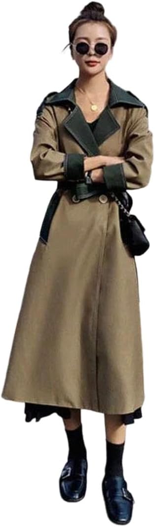 Women Spring Autumn Double-Breasted Long Hit Color Loose Fit Bandage Trench Coat