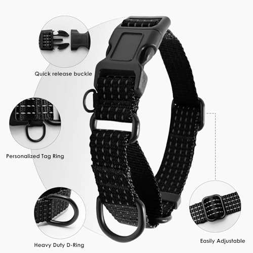 Image of Martingale Dog Collar, Reflective No Pull with Buckle, Black, S | Escape Proof without choking ,Training Collar with Quick Release Buckle, Adjustable Heavy Duty Nylon collars for S M L Dogs