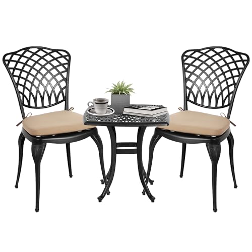 HOMEFUN Thickened Heavy-Duty Cast Aluminum Bistro Set of 2 Outdoor 3 Piece Patio Set with Padded Cushion, Ultra Sturdy Rustproof All-Weather for Garden Balcony, Black