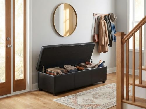 Image of SIMPLIHOME Avalon 54 inch Wide Vegan Leather Storage Ottoman in Midnight Black