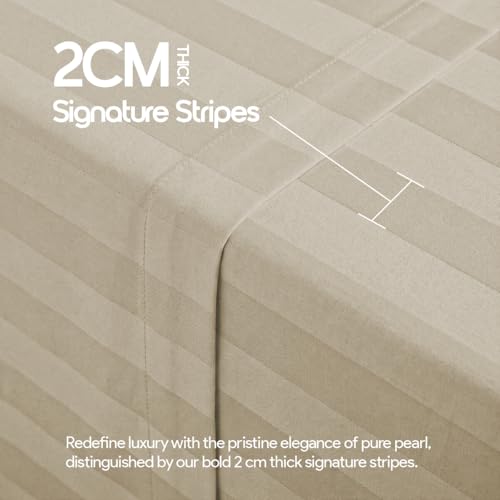 Image of LINENWALAS Cotton 300 TC Fitted Bed Sheet for Single Bed | Signature 2 CM Sateen Stripe Design | All-Around Elastic for 4-8 Inch Mattresses | Luxury Hotel-Style Bedding (36 x 78, Pearl)