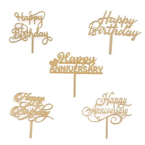 Cake Toppers Small (Happy Birthday & Happy Anniversary) Golden Acrylic Cake Toppers for Kids Boy's Girls Adult Birthday Cake Decoration Supplies/Cake 