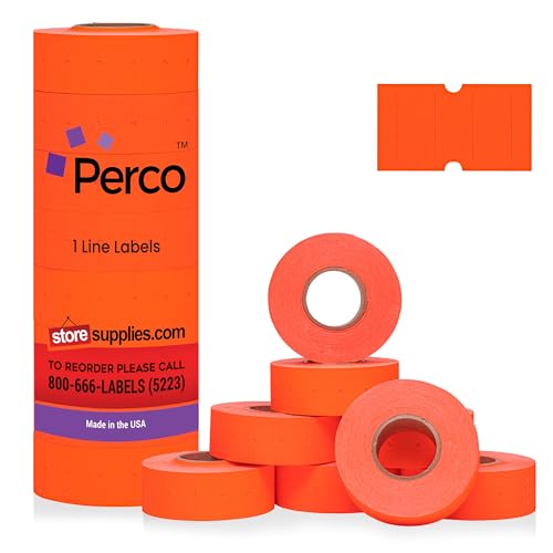 Perco 1 Line Fluorescent Red Labels - 8 Rolls, 1 Sleeve, 8,000 Blank Price and Date Gun Labels for Perco 1 Line Price and Date Guns - Made in USA