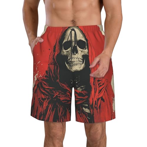 Men Swim Trunks Beach Shorts Swimwear Summer Bathing Suits - Grim Reaper Skull Death Retro