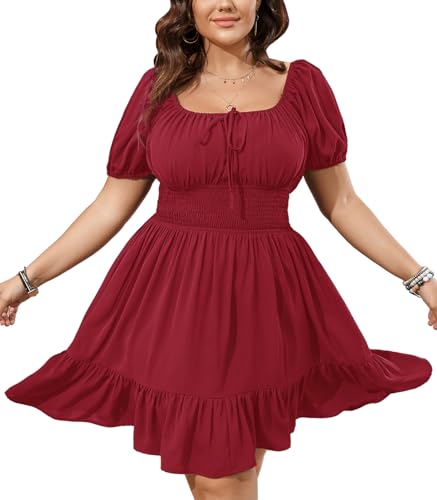 Image of SCOMCHIC Womens Plus Size Mini Dress Square Neck Puff Short Sleeve Casual Summer A Line Boho Cute Spring Short Dresses
