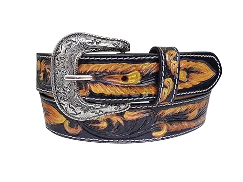 Western Belt Tapered Genuine Leather Hand Tooled Belt Hand Painted Heavy Duty Belt 30IS0172