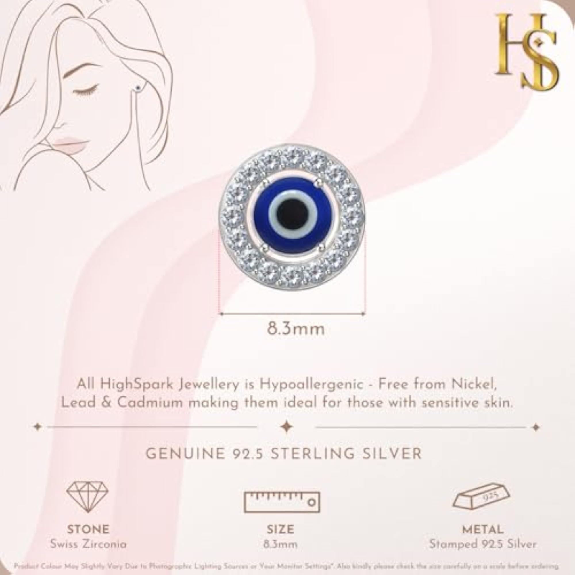 Women's 925 Sterling Silver Evil Eye Stud Earrings, Sparkling Zirconia