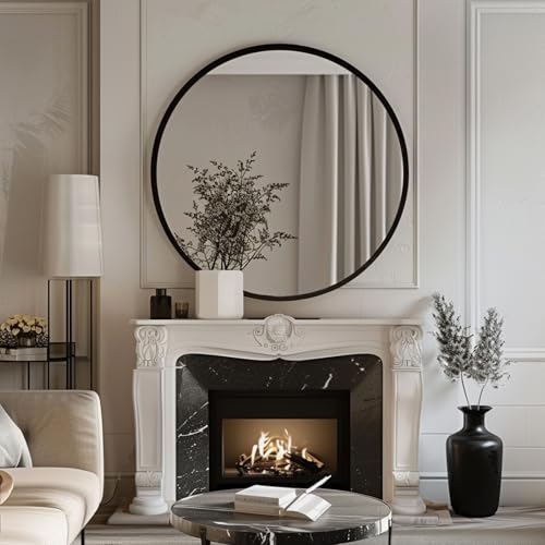 Image of Sunniry Round Mirror 30 inch, Large Round Mirror, Black Bathroom Mirrors with Matte Aluminum Frame, Circle Mirrors for Wall, Bathroom, Living Room, Hallway.