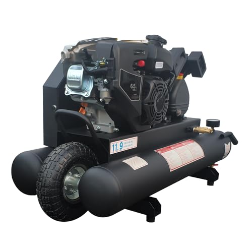 HPDMC 6.5HP Gas Powered Air Compressor 12CFM Portable Gasoline Driven Piston Pump Air Compressed System with 125PSI Max. Pressure and 9 Gal Air Tank for Workshop, Construction Sites, Machinery
