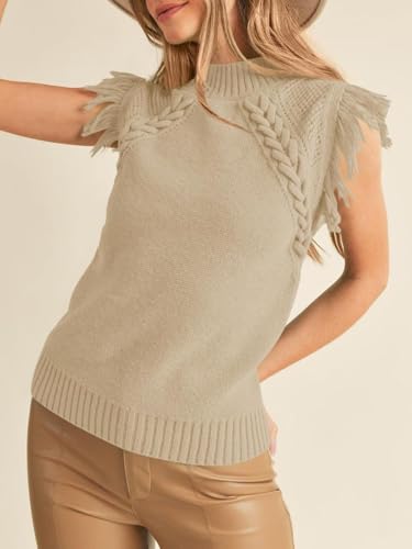 Image of Womens Summer Sleeveless Sweater Vest 2025 Mock Neck Cable Knit Fringe Cap Sleeve Boho Trendy Pullover Tank Tops